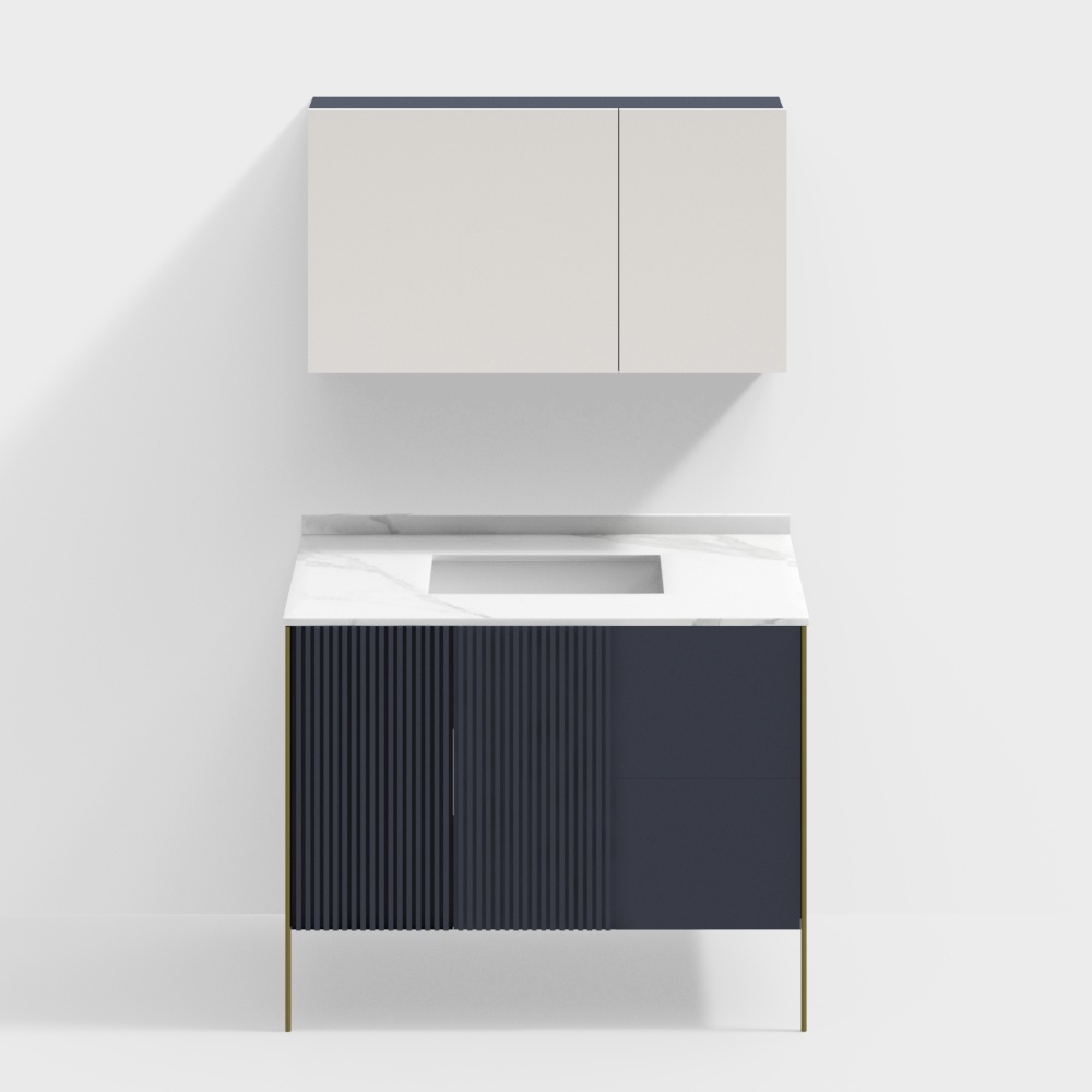 Modern bathroom vanity with white marble top and dark blue cabinet on white background