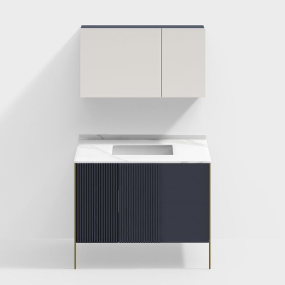 Modern bathroom vanity with white marble top and dark blue cabinet on white background