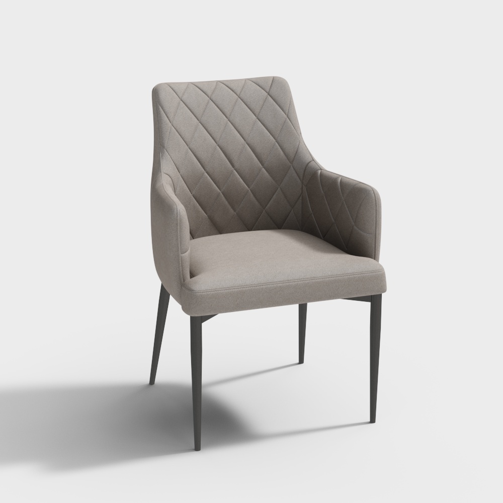 Modern grey fabric armchair with diamond quilted backrest and black metal legs on white background