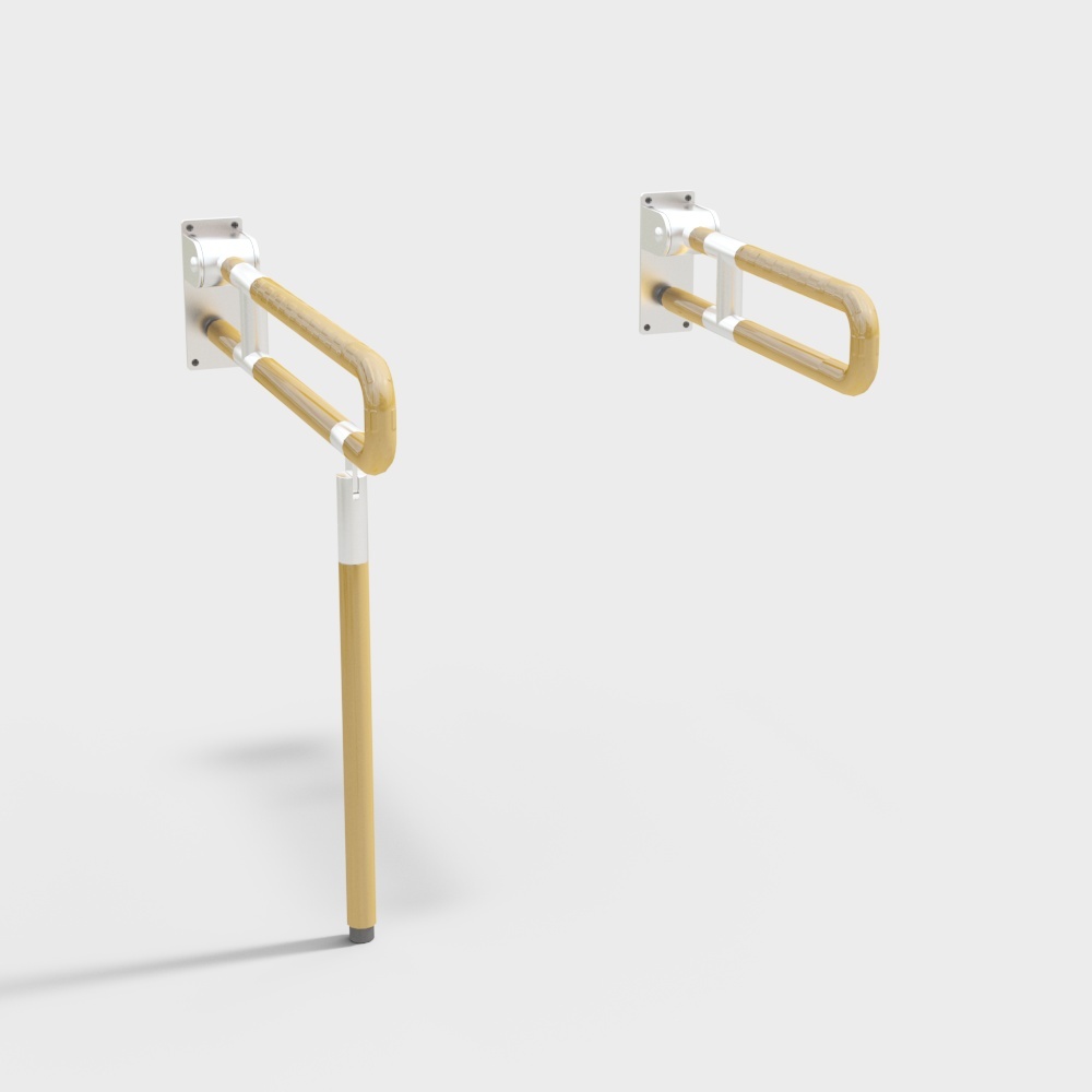 Modern wood and white metal safety grab bar with floor support on grey background