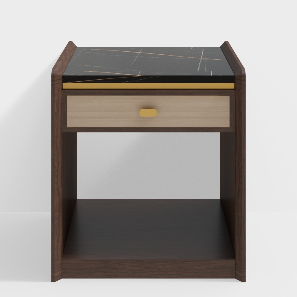 Modern dark wood nightstand with black marble top and gold handle on white background