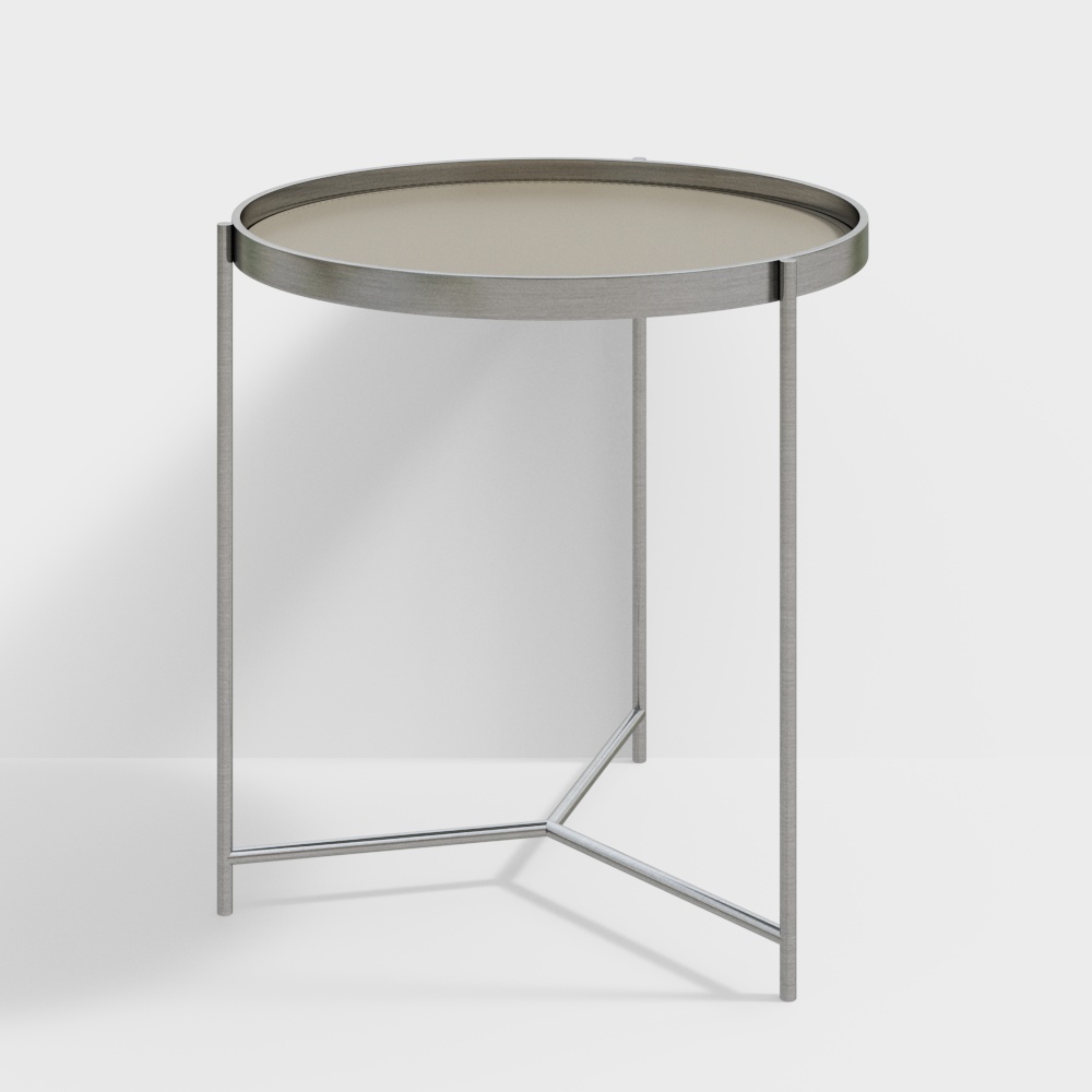 Modern round side table with beige glass top and silver metal legs on white background