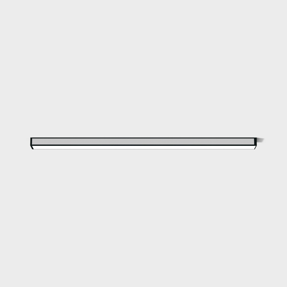 Modern black metal linear ceiling light with white diffuser on grey background