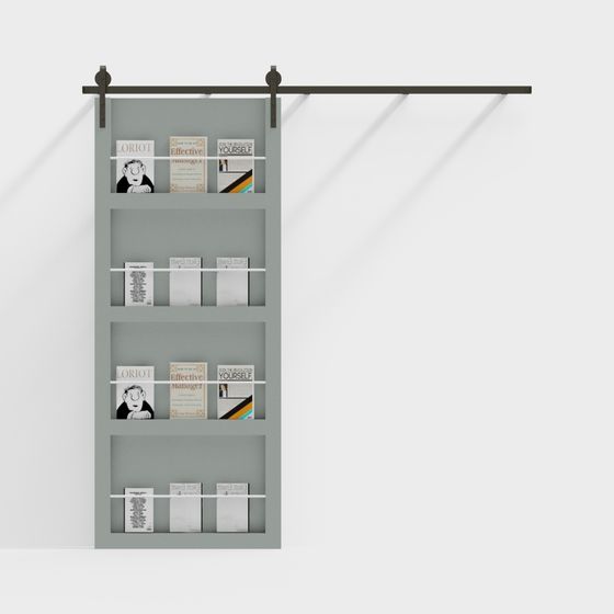 Modern grey sliding bookshelf with black metal rail and four shelves holding books on white background