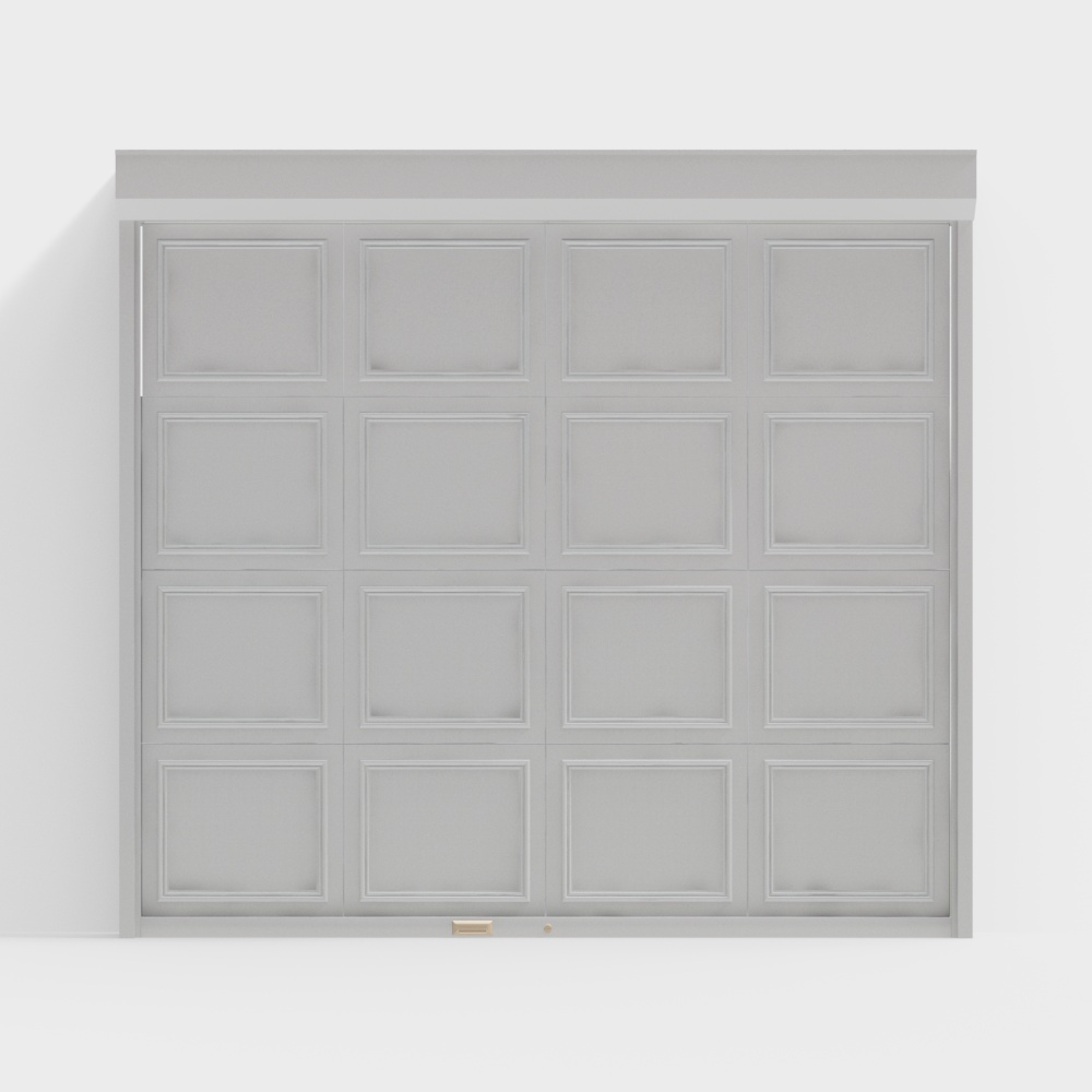 Modern light grey garage door with sixteen square panels and small mail slot on white background