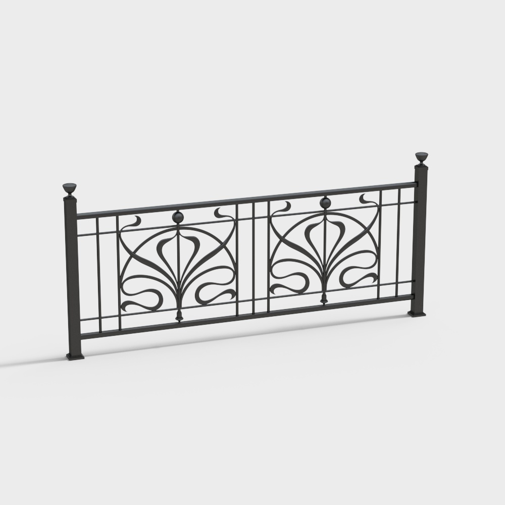 Black metal balcony railing with leaf design and vertical bars on white background