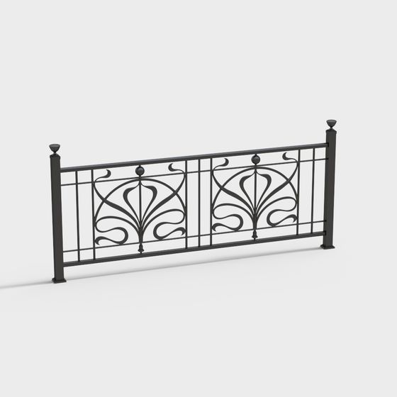 Black metal balcony railing with leaf design and vertical bars on white background