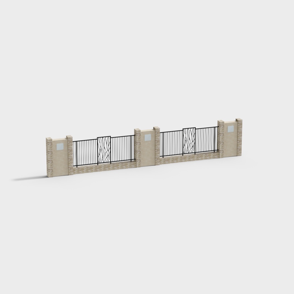 Modern Low-Poly Brick Wall with Iron Fence 3D model