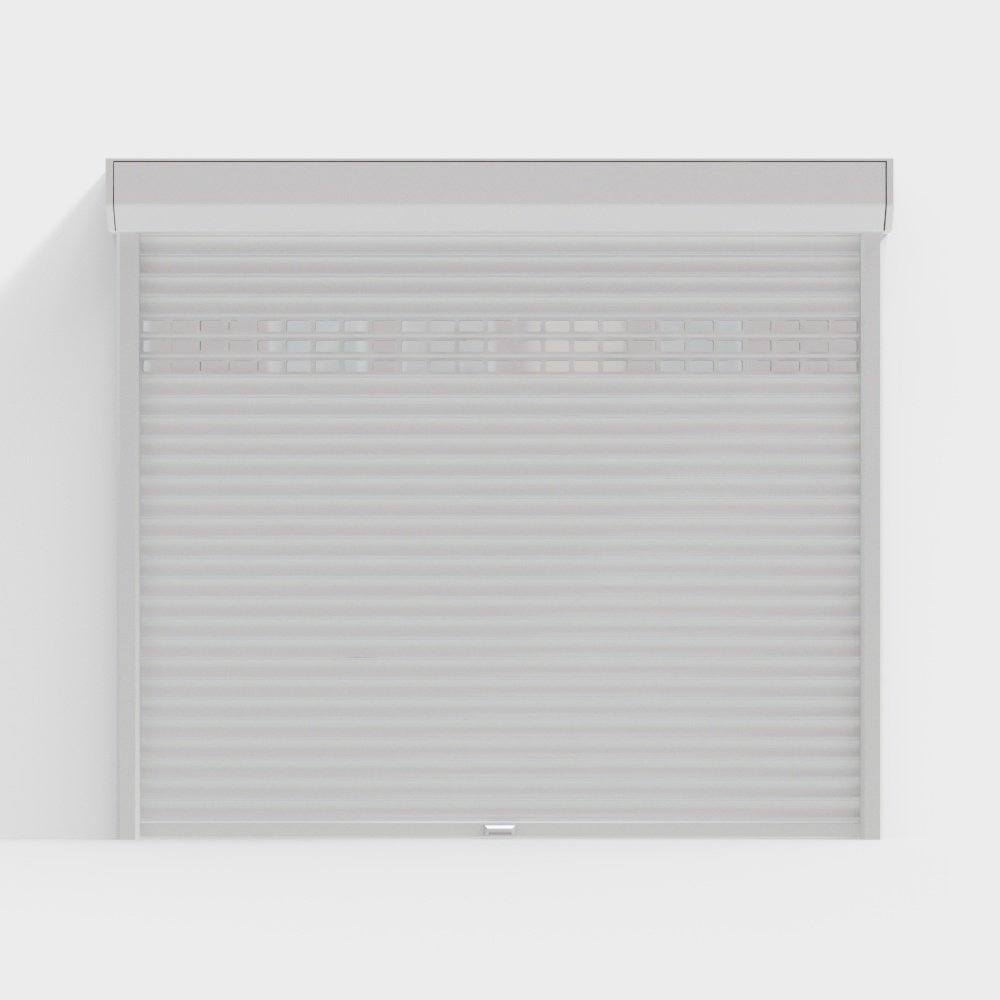 White roller shutter window cover with horizontal slats and small glass panels on white background