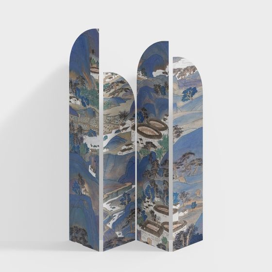Traditional Ink Landscape Folding Screen 3D model