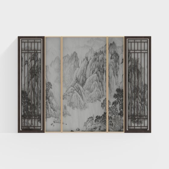 Ink Wash Screen 3D model - Unique Eastern Aesthetics