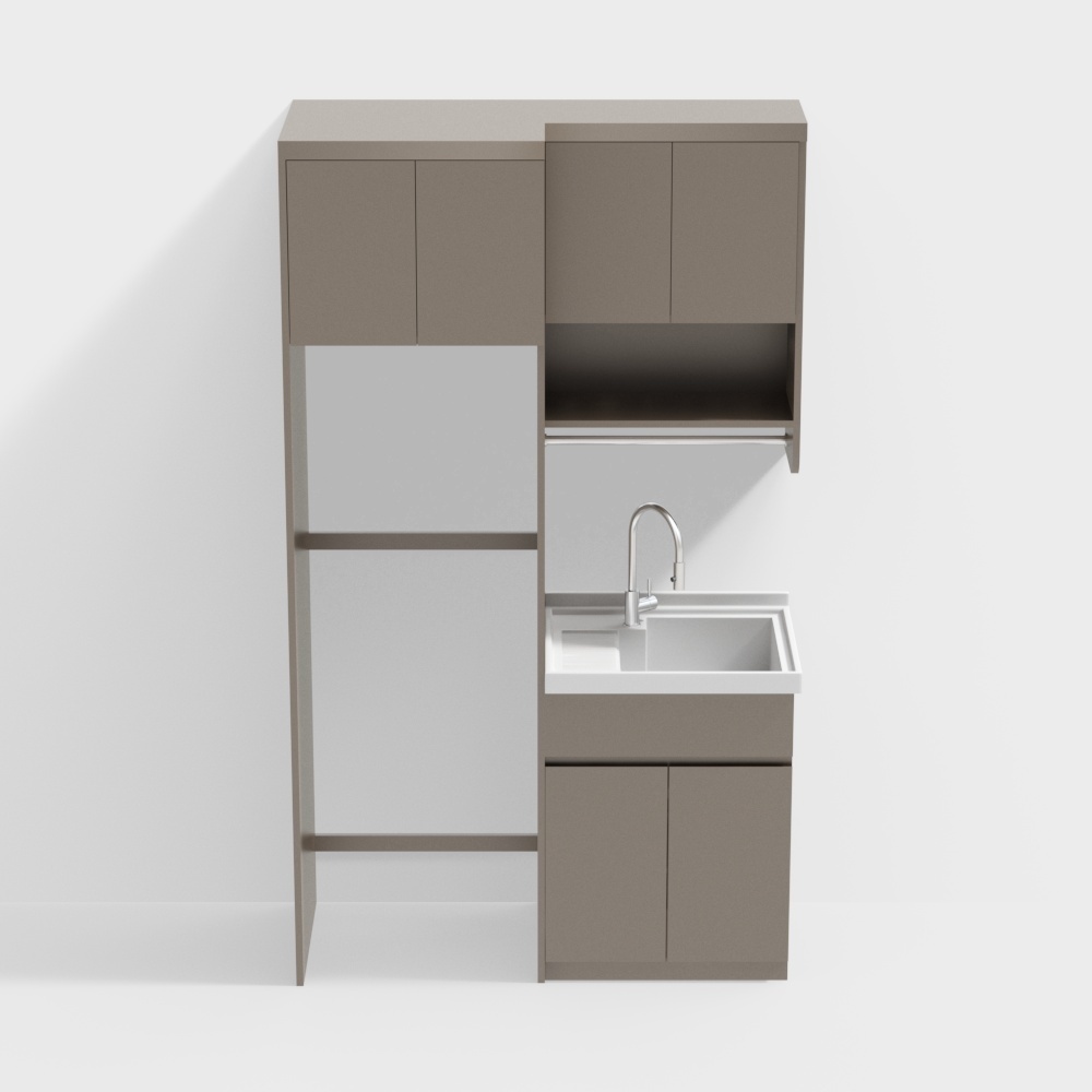 Modern grey laundry unit with sink and open frame on white background