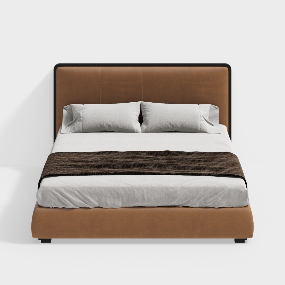 Modern brown upholstered bed with black frame and white bedding on white background