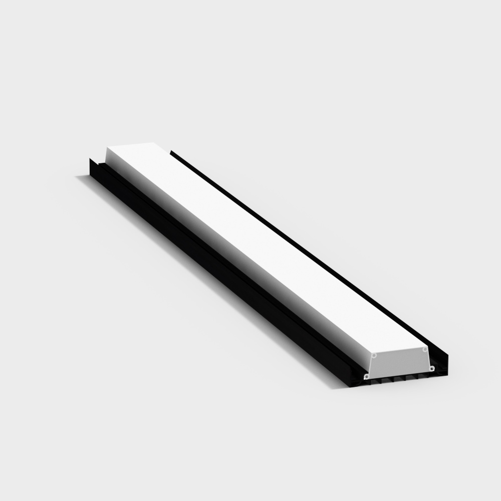 Modern black linear ceiling light fixture with white diffuser on grey background