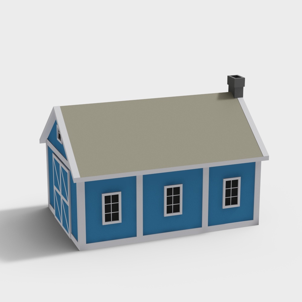 Charming Low-Poly Cottage 3D Model – Blue Exterior Design
