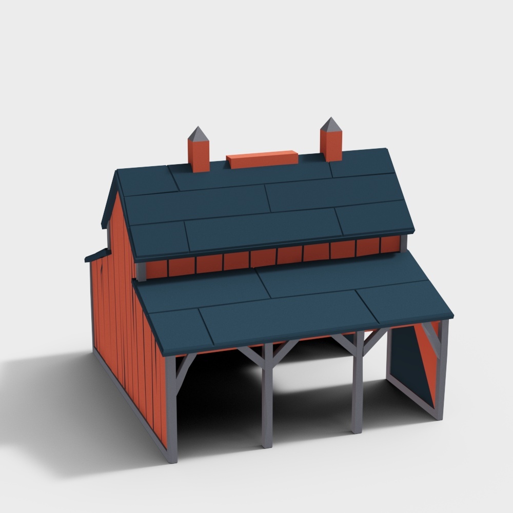 Charming Red Brick Barn 3D Model – Vintage Low-Poly Design