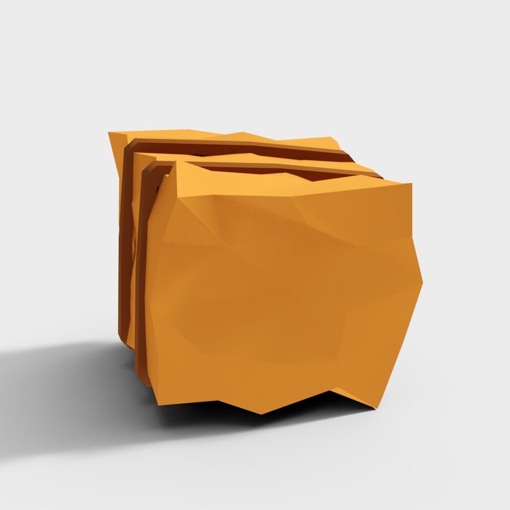 Modern abstract orange geometric sculpture with layered edges on white background