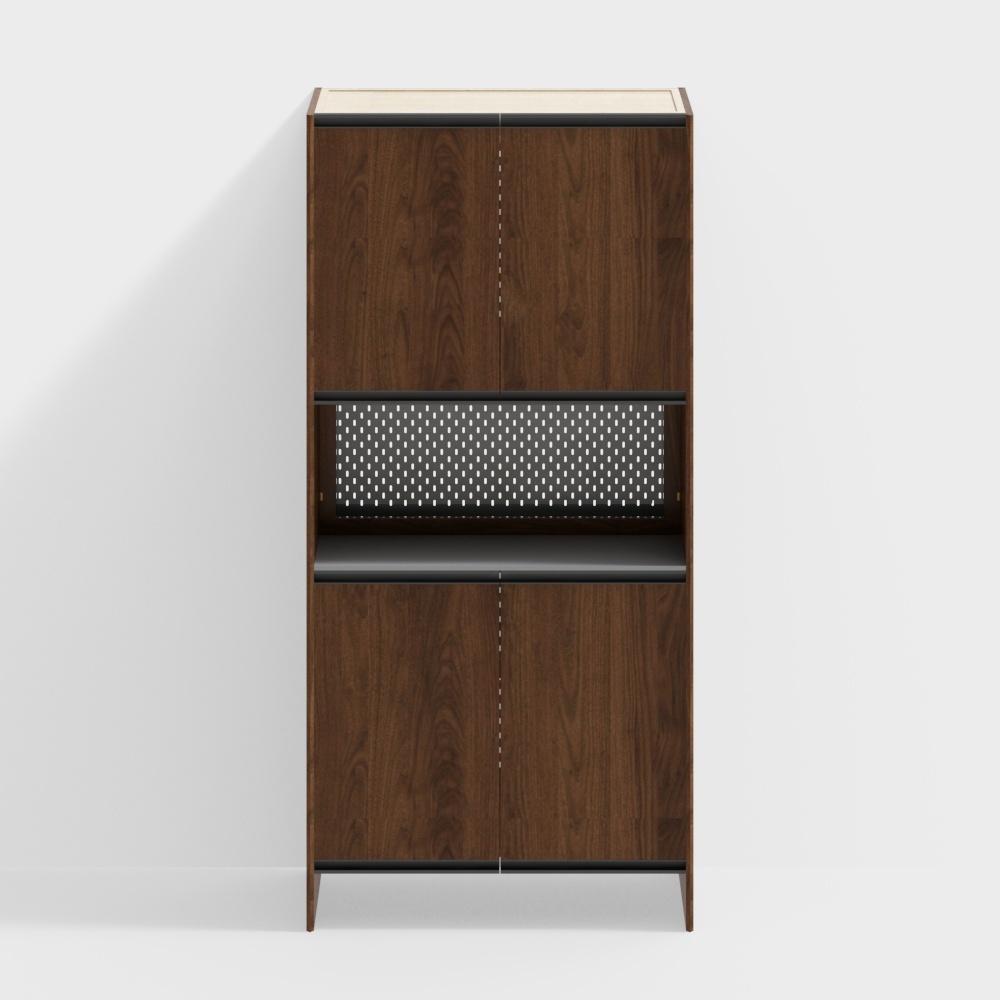 Modern dark brown wooden cabinet with black middle section and white dots on white background