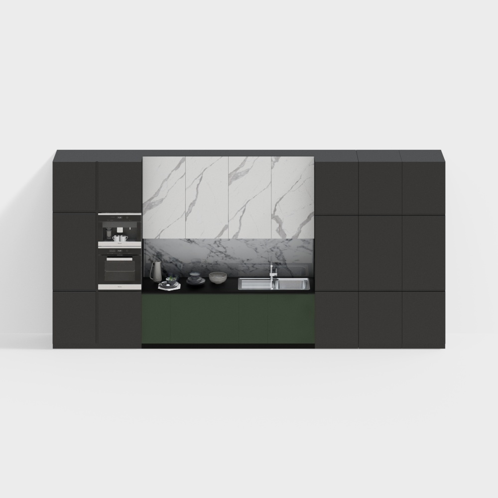 Modern Minimalist Kitchen 3D Model – Dark Cabinets & Green Countertop