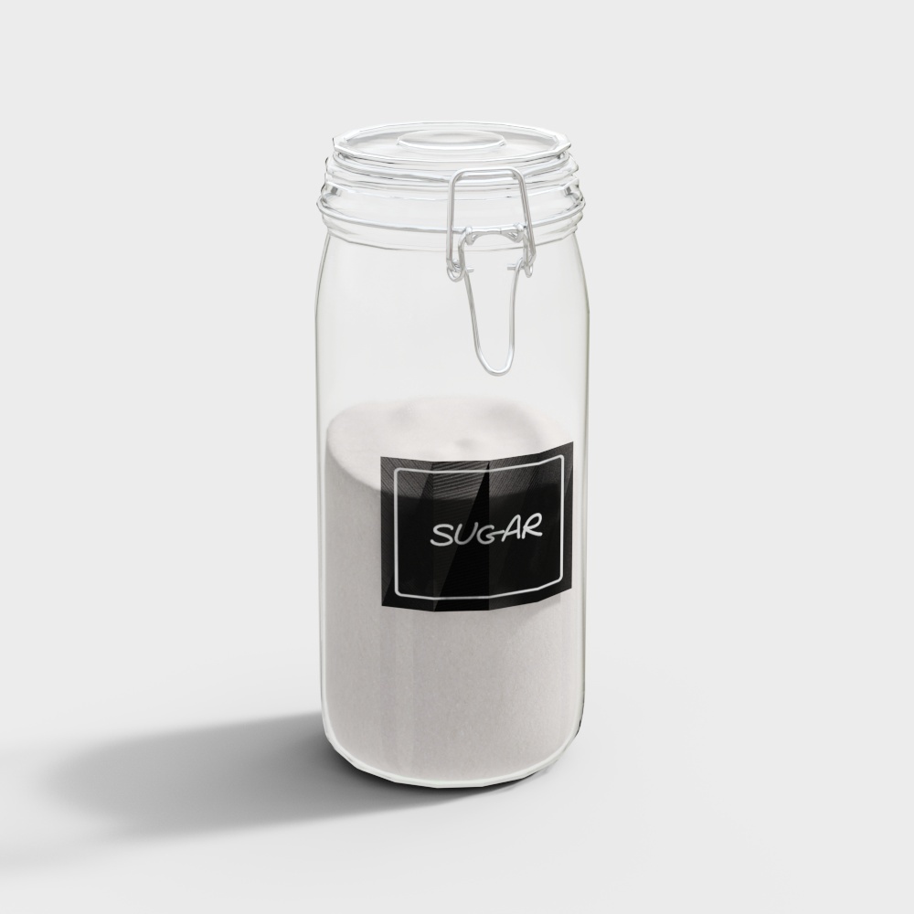Clear glass jar with metal clasp holding sugar on grey background