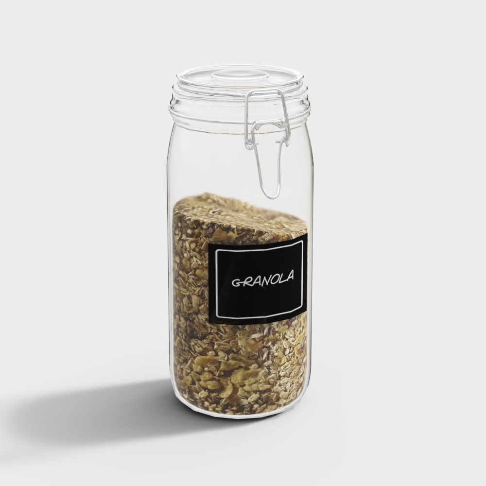 Clear glass jar with metal clasp lid holding granola on grey background