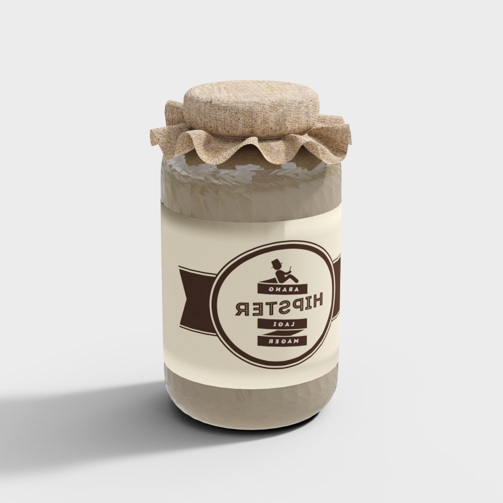 Glass jar with brown hipster label and beige fabric lid on white background