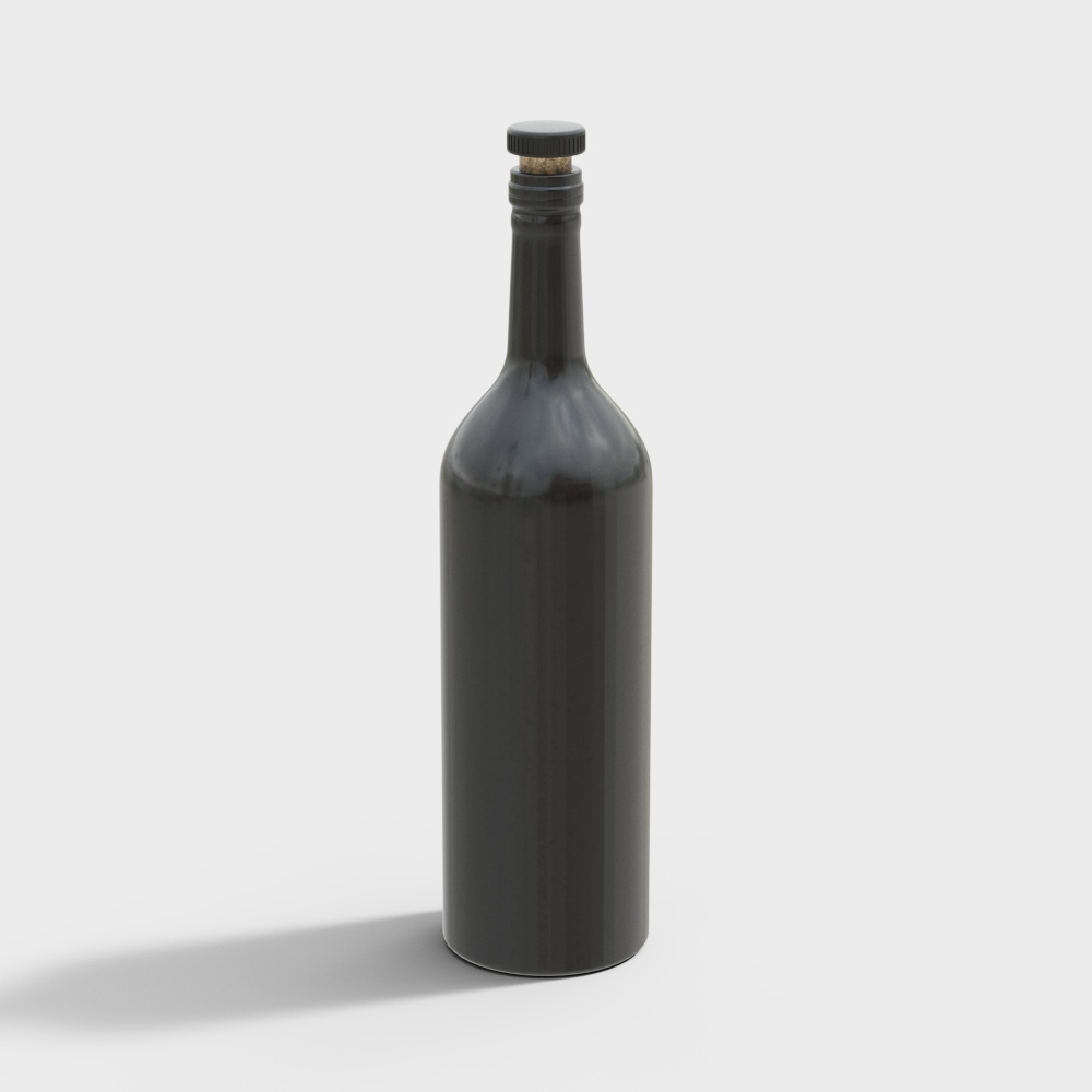 Black glass wine bottle with cork stopper and modern design on white background