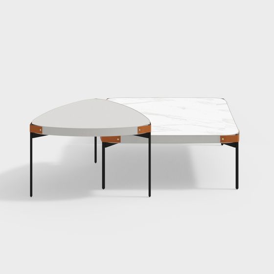 Two modern white coffee tables with brown leather trim and black legs on grey background