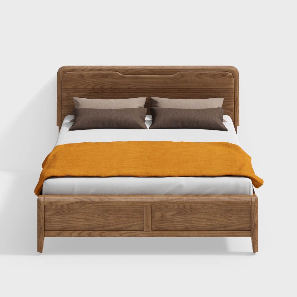 Elegant Modern Bed 3D Model – Warm Wood, Soft Cushions