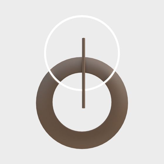 Modern brown metal ceiling light with glowing white ring and rod on grey background