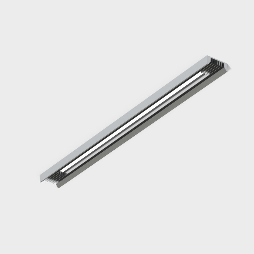 Modern silver metal linear light fixture with bright strip on grey background