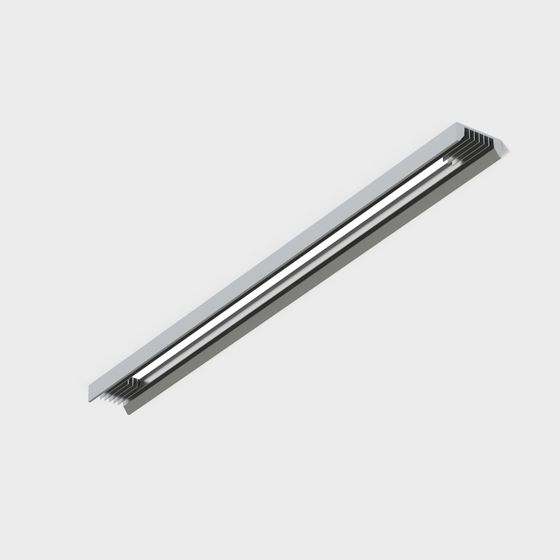 Modern silver metal linear light fixture with bright strip on grey background
