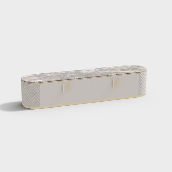 Modern white cabinet with marble top and gold handles on grey background