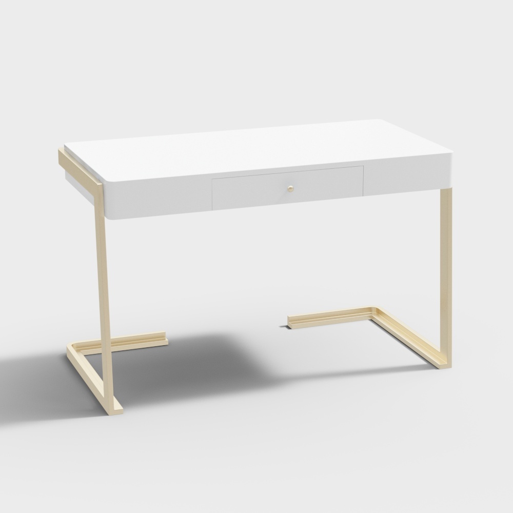 Modern white desk with one drawer and gold metal legs on grey background