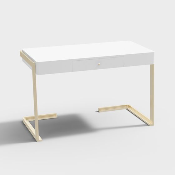 Modern white desk with one drawer and gold metal legs on grey background