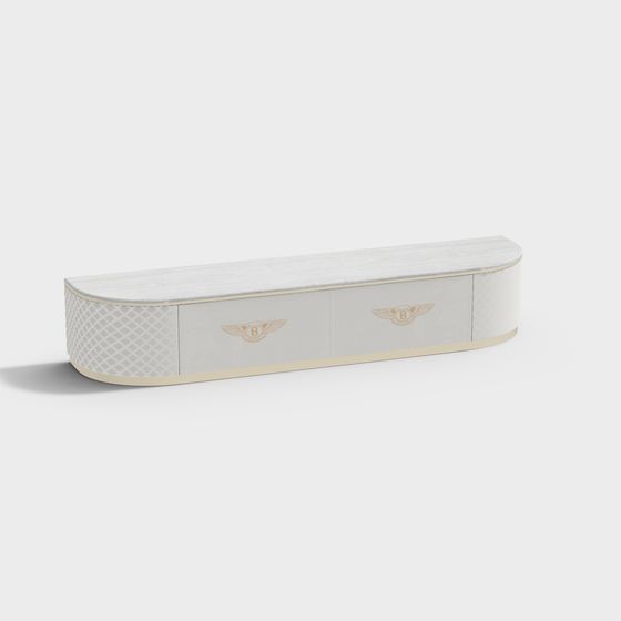 Long white cabinet with marble top and gold logos on light grey background
