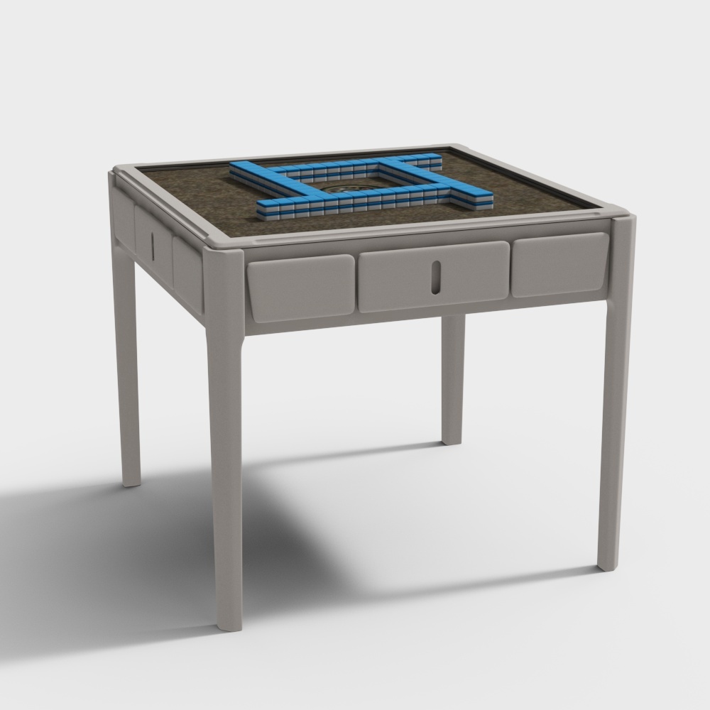 Modern grey mahjong table with blue tiles and drawers on white background