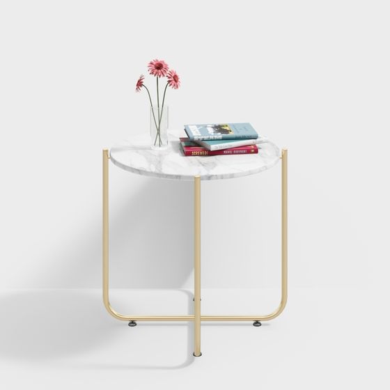 Modern round side table with white marble top and gold metal legs on grey background