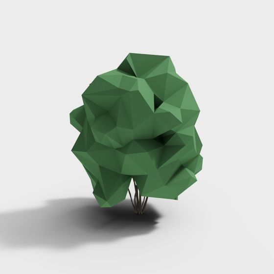 Green low poly tree with brown trunk and geometric leaves on white background