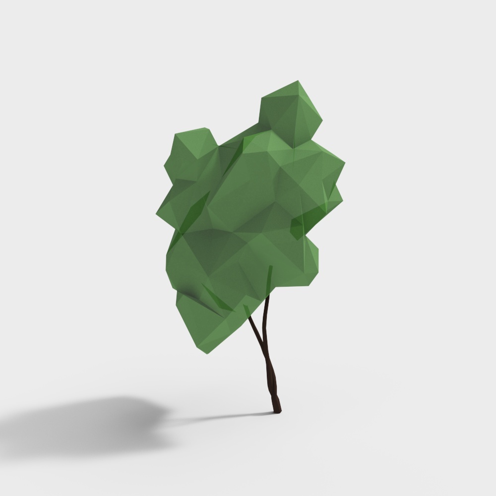 Low poly green tree with brown trunk and geometric leaves on light grey background
