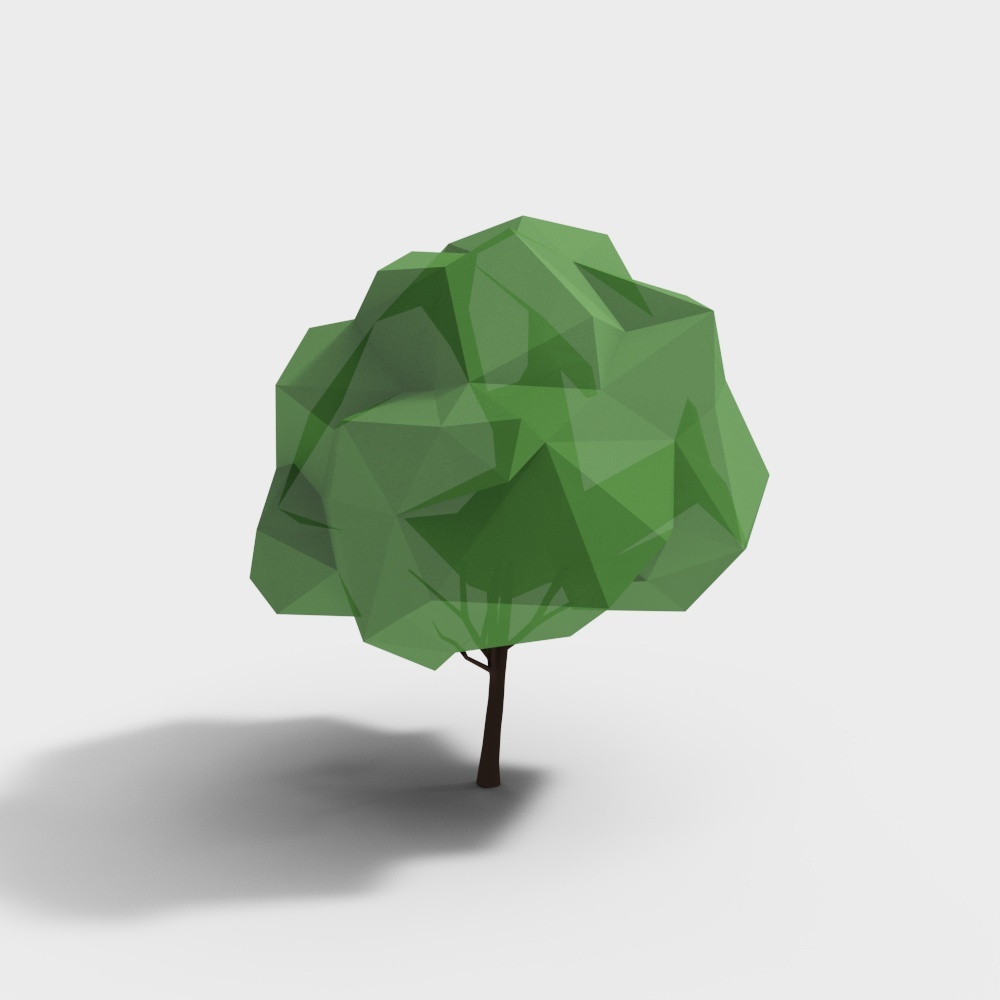 Green low poly tree with brown trunk on grey background