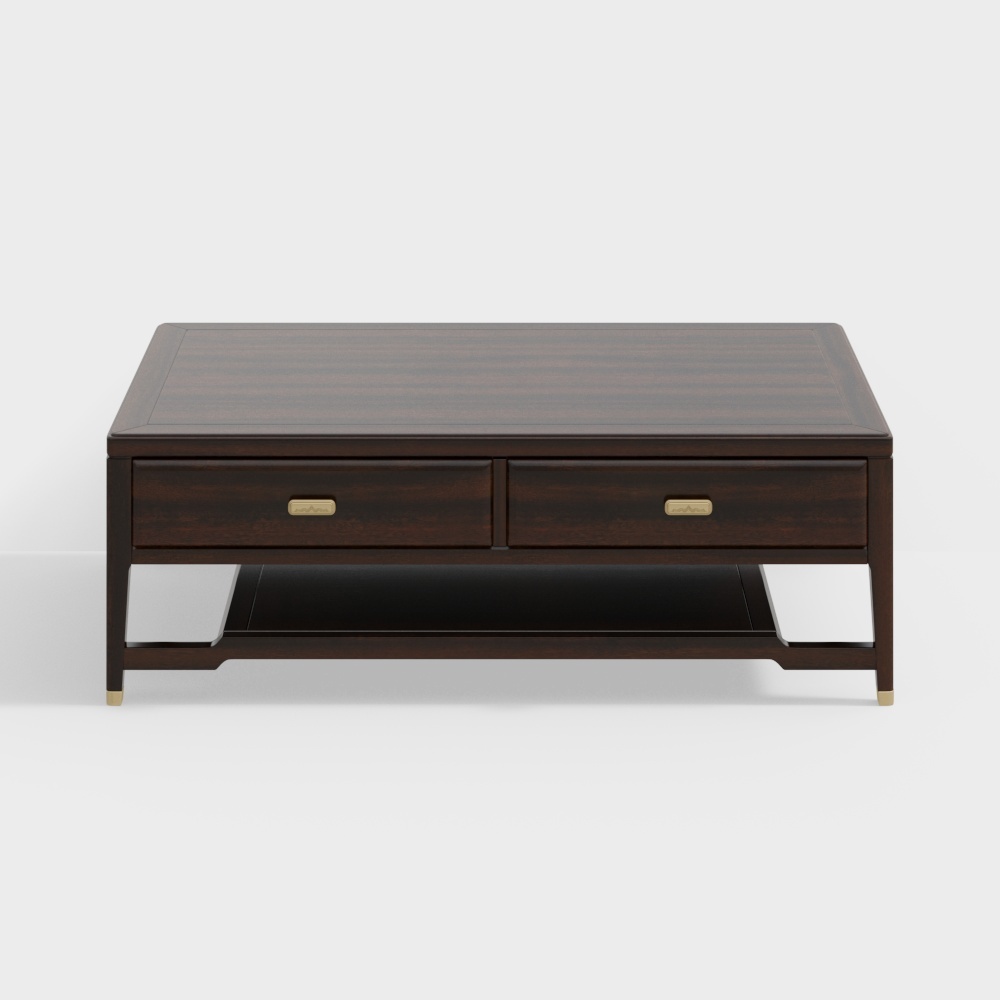 Modern dark wood coffee table with two drawers and gold handles on white background
