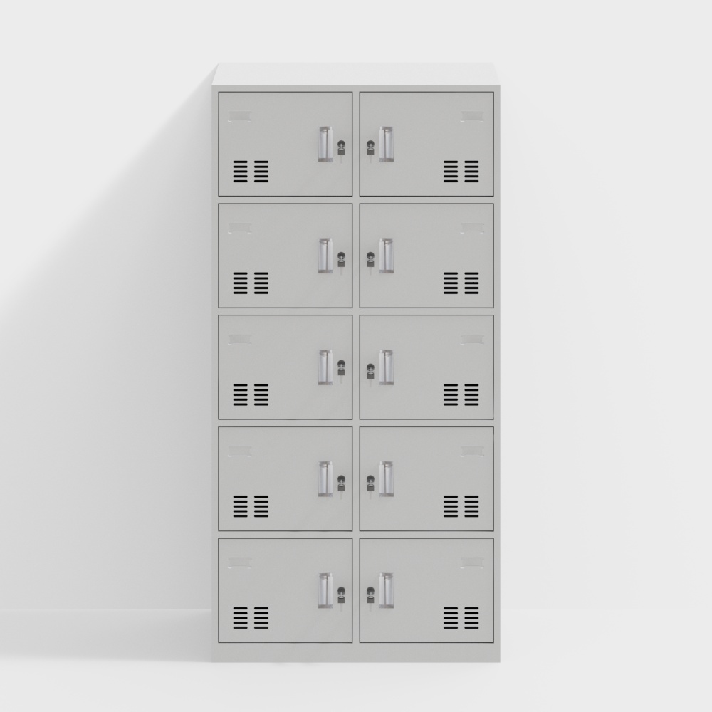 Tall grey metal storage cabinet with ten doors and silver handles on white background