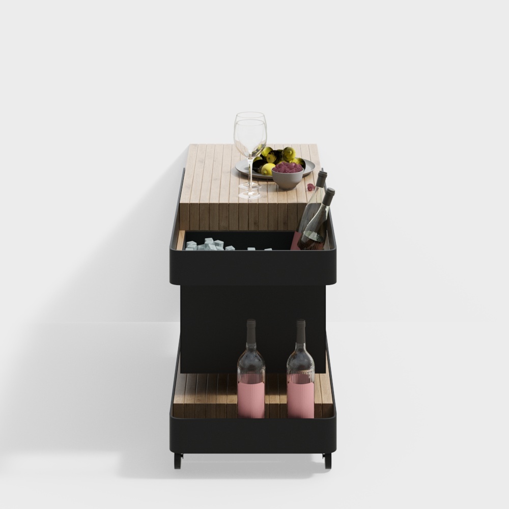 Chic Low-Polygon Bar Cart 3D Model – Black Metal & Wood
