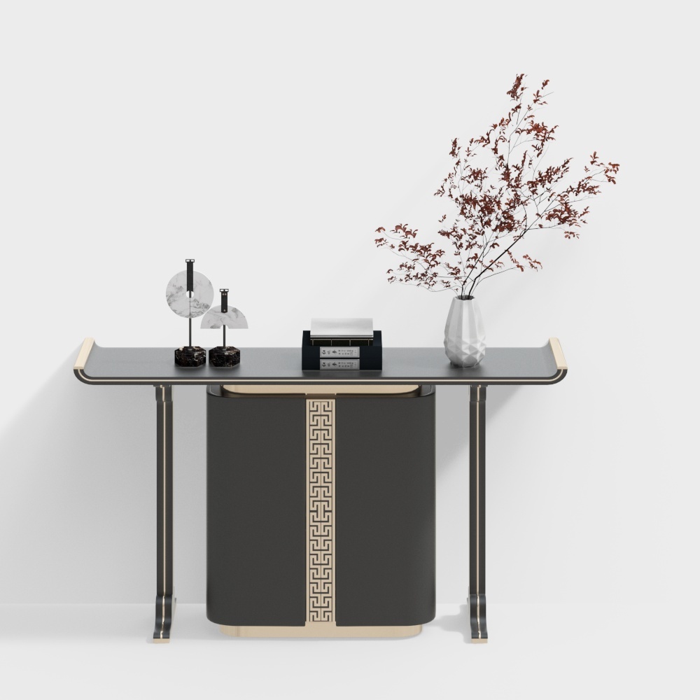 Modern black console table with gold pattern detail and light wood edges on white background