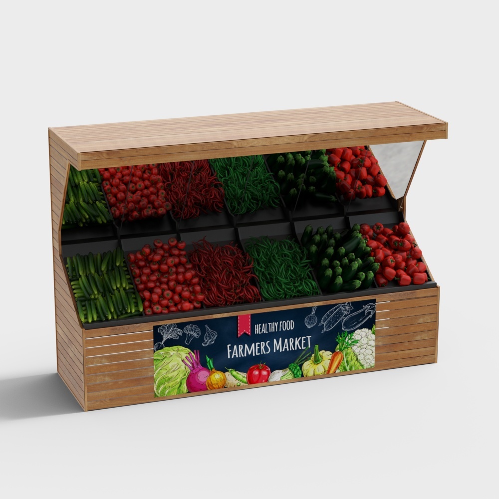 Wooden grocery display stand with fresh vegetables and market sign on white background