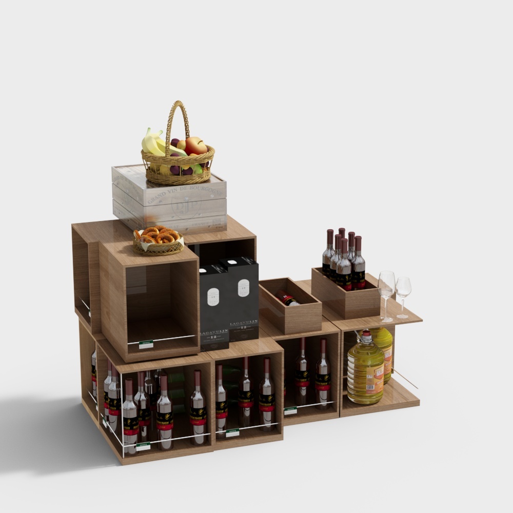 Modular light brown wooden wine display rack with bottles and fruit basket on grey background