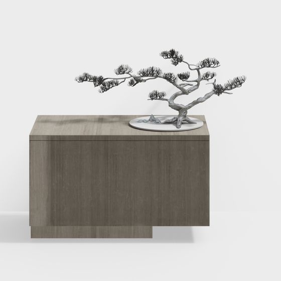 Modern light brown wood cabinet with vertical texture and bonsai tree on white background