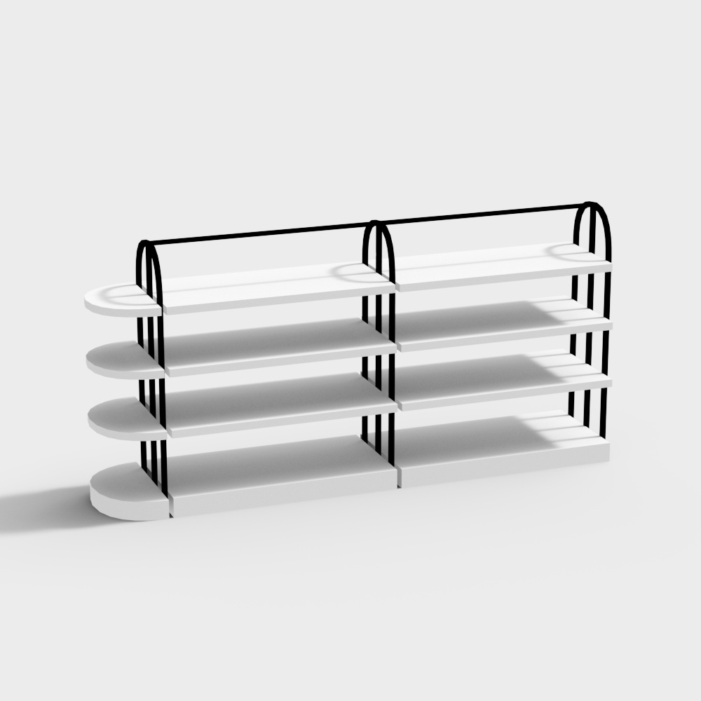 Modern white shelf with black metal frame and rounded edges on grey background