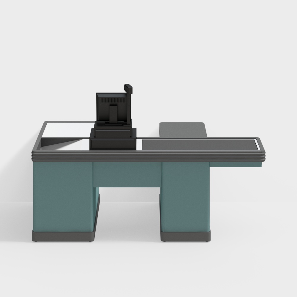 Modern teal and black retail checkout counter with screen on white background